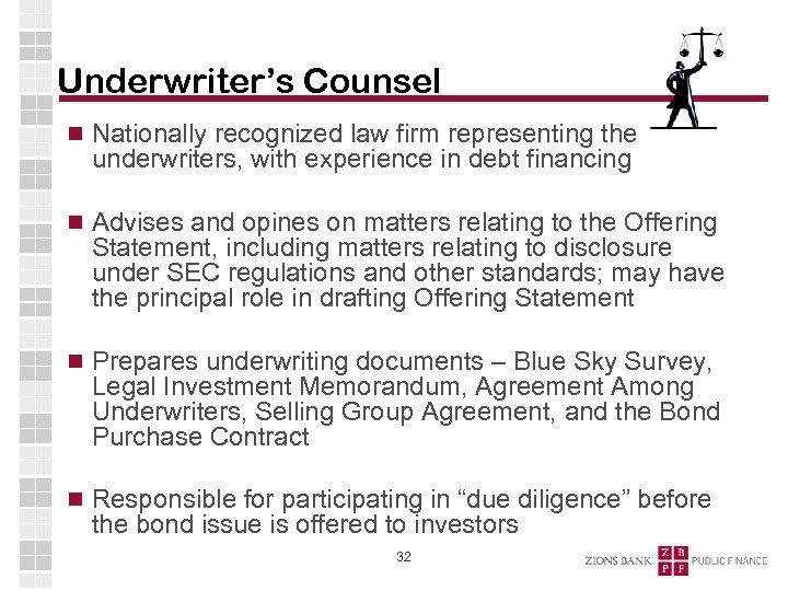 Underwriter’s Counsel Nationally recognized law firm representing the underwriters, with experience in debt financing