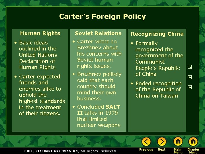 Carter’s Foreign Policy Human Rights Soviet Relations Recognizing China • Basic ideas outlined in