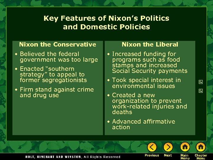 Key Features of Nixon’s Politics and Domestic Policies Nixon the Conservative • Believed the
