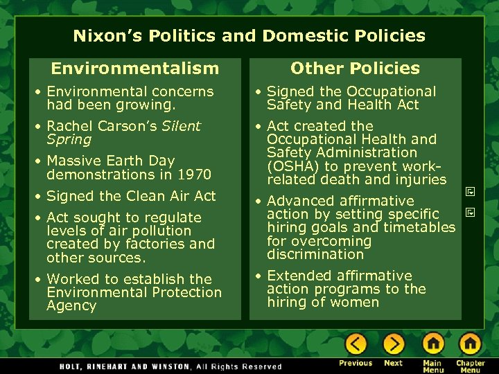 Nixon’s Politics and Domestic Policies Environmentalism Other Policies • Environmental concerns had been growing.