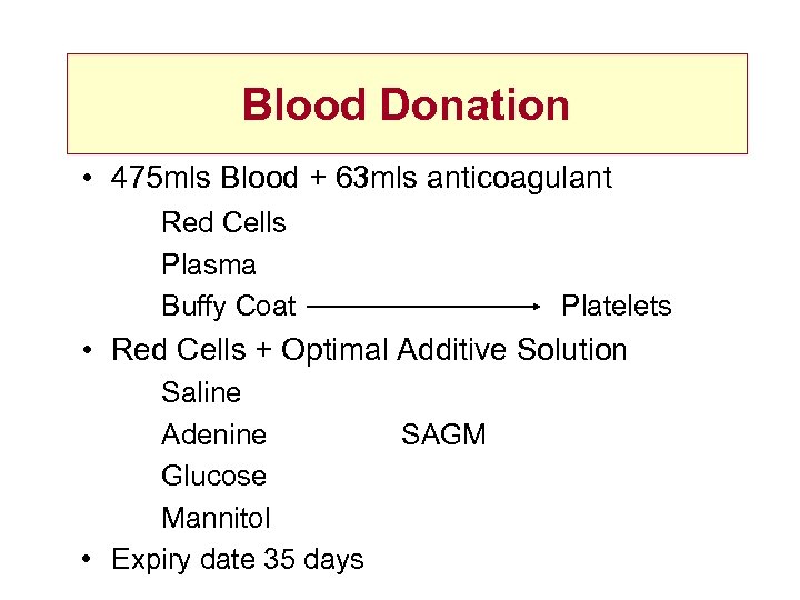 Blood Donation • 475 mls Blood + 63 mls anticoagulant Red Cells Plasma Buffy