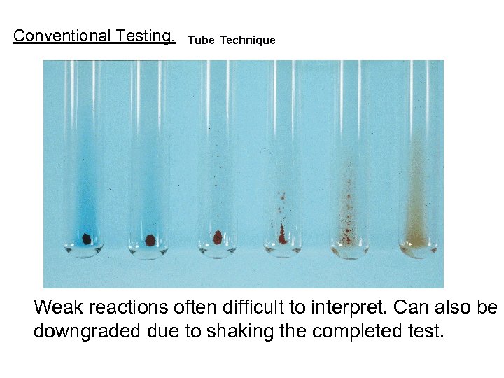 Conventional Testing. Weak reactions often difficult to interpret. Can also be downgraded due to