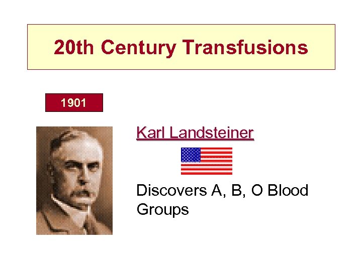 20 th Century Transfusions 1901 Karl Landsteiner Discovers A, B, O Blood Groups 