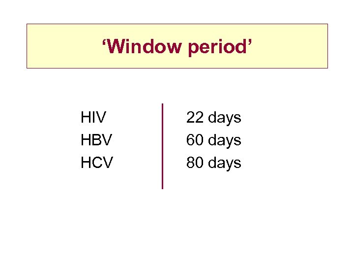 ‘Window period’ HIV HBV HCV 22 days 60 days 80 days 