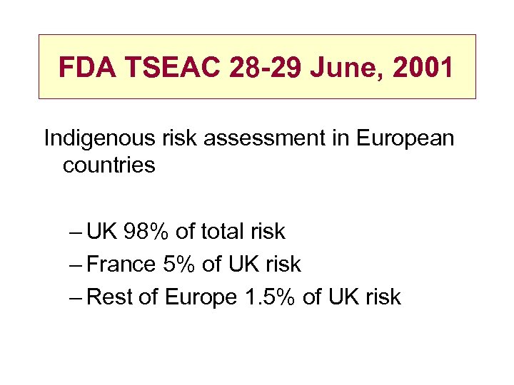 FDA TSEAC 28 -29 June, 2001 Indigenous risk assessment in European countries – UK