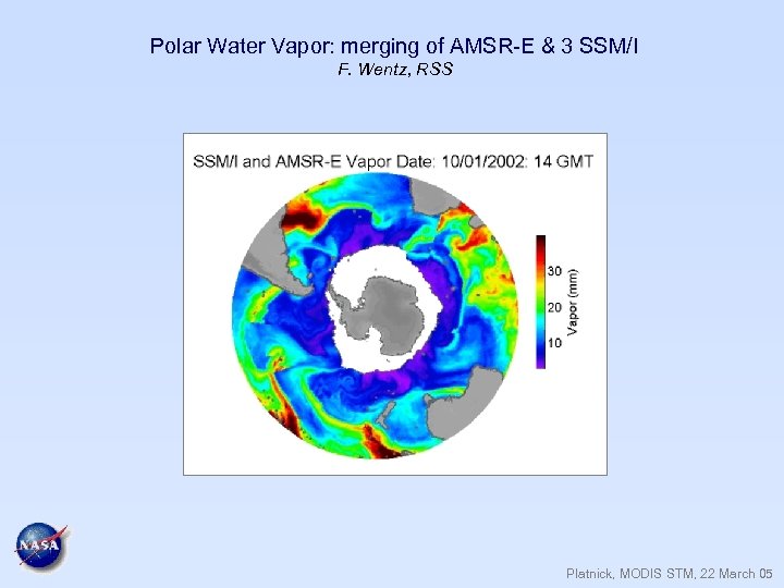 Polar Water Vapor: merging of AMSR-E & 3 SSM/I F. Wentz, RSS Platnick, MODIS