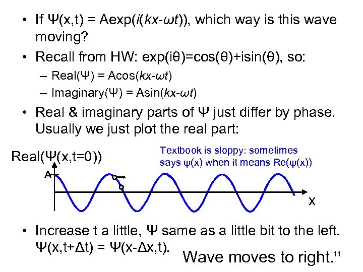  • If Ψ(x, t) = Aexp(i(kx-ωt)), which way is this wave moving? •