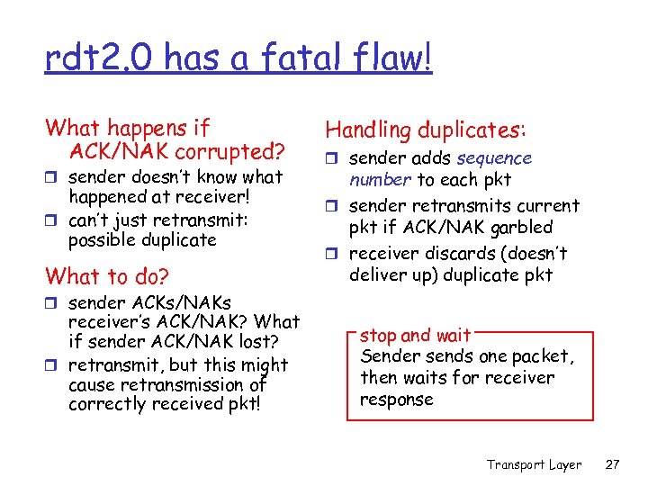 rdt 2. 0 has a fatal flaw! What happens if ACK/NAK corrupted? r sender