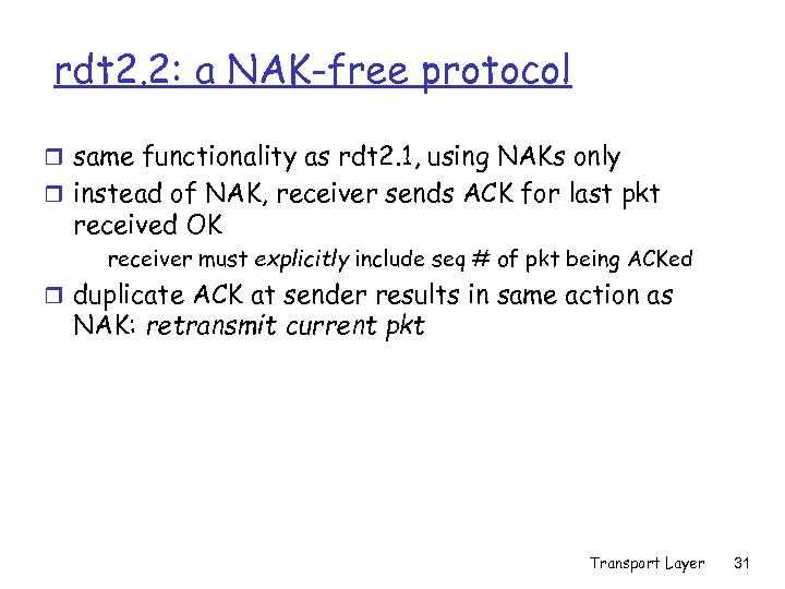 rdt 2. 2: a NAK-free protocol r same functionality as rdt 2. 1, using