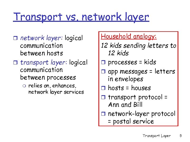 Transport vs. network layer r network layer: logical communication between hosts r transport layer: