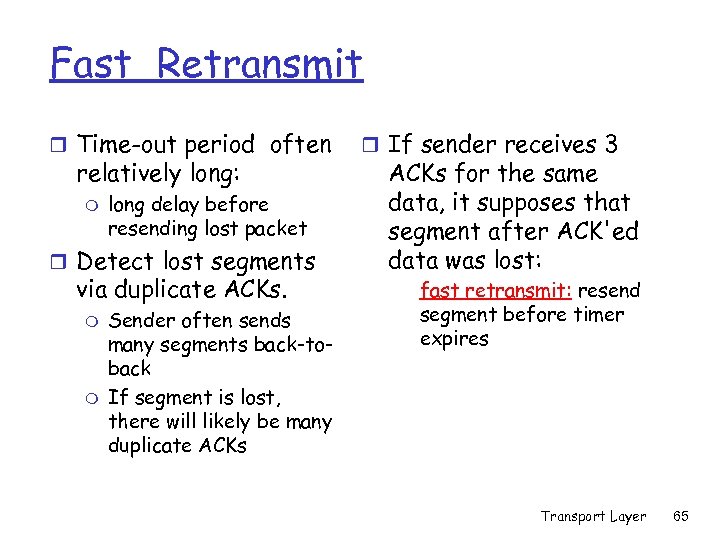 Fast Retransmit r Time-out period often relatively long: m long delay before resending lost