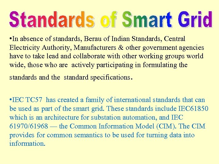  • In absence of standards, Berau of Indian Standards, Central Electricity Authority, Manufacturers