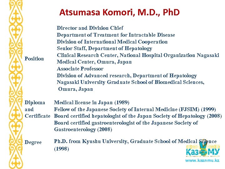 Atsumasa Komori, M. D. , Ph. D Position Director and Division Chief Department of