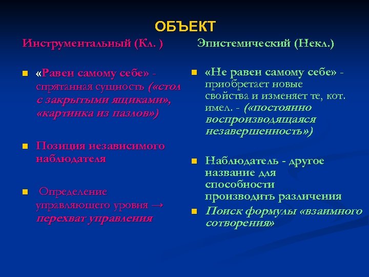 ОБЪЕКТ Инструментальный (Кл. ) n «Равен самому себе» спрятанная сущность ( «стол Эпистемический (Некл.