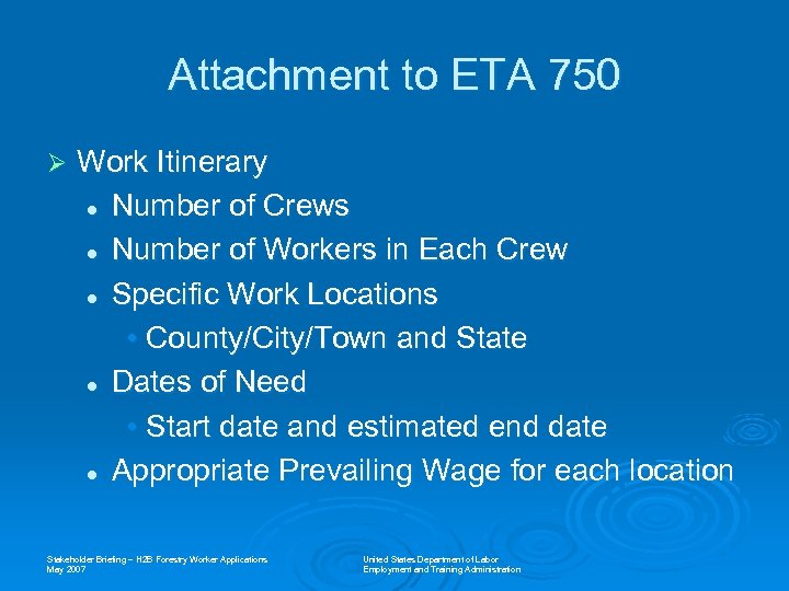 Attachment to ETA 750 Ø Work Itinerary l Number of Crews l Number of