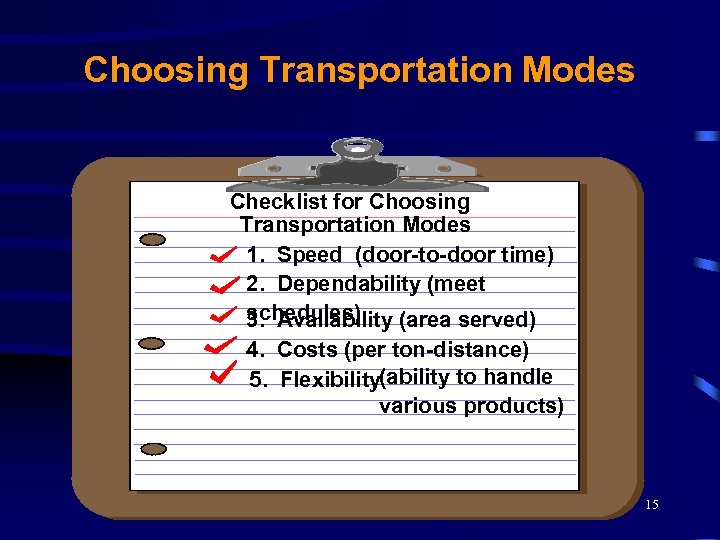 Choosing Transportation Modes Checklist for Choosing Transportation Modes 1. Speed (door-to-door time) 2. Dependability