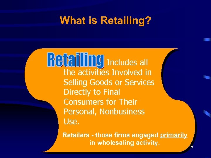 What is Retailing? Includes all the activities Involved in Selling Goods or Services Directly