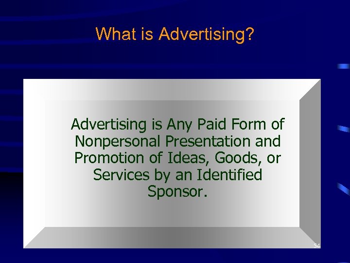 What is Advertising? Advertising is Any Paid Form of Nonpersonal Presentation and Promotion of