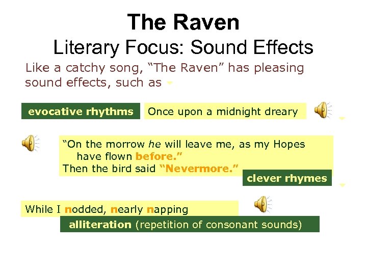 The Raven Literary Focus: Sound Effects Like a catchy song, “The Raven” has pleasing