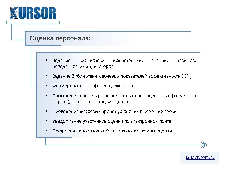 Оценка персонала: § Ведение библиотеки компетенций, поведенческих индикаторов знаний, навыков, § Ведение библиотеки ключевых