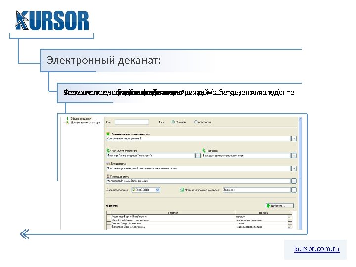 Электронный деканат: Управление учебными планами Формирование учебных групп Ведение подробной информации о каждом абитуриенте