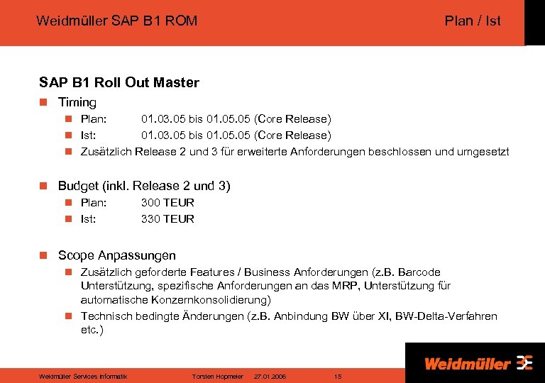 Weidmüller SAP B 1 ROM Plan / Ist SAP B 1 Roll Out Master