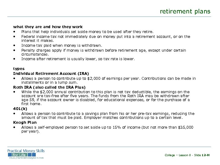 retirement plans what they are and how they work • Plans that help individuals