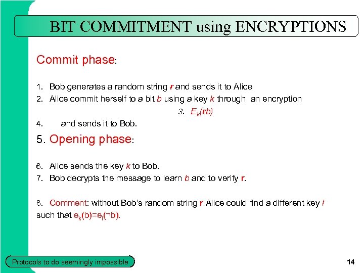 BIT COMMITMENT using ENCRYPTIONS Commit phase: 1. Bob generates a random string r and