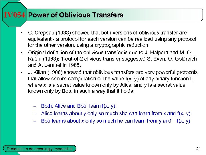 IV 054 Power of Oblivious Transfers • • • C. Crépeau (1988) showed that