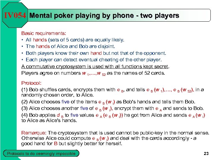 IV 054 Mental poker playing by phone - two players Basic requirements: • All