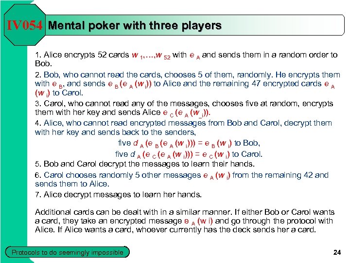 IV 054 Mental poker with three players 1. Alice encrypts 52 cards w 1,