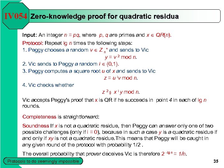 IV 054 Zero-knowledge proof for quadratic residua Input: An integer n = pq, where