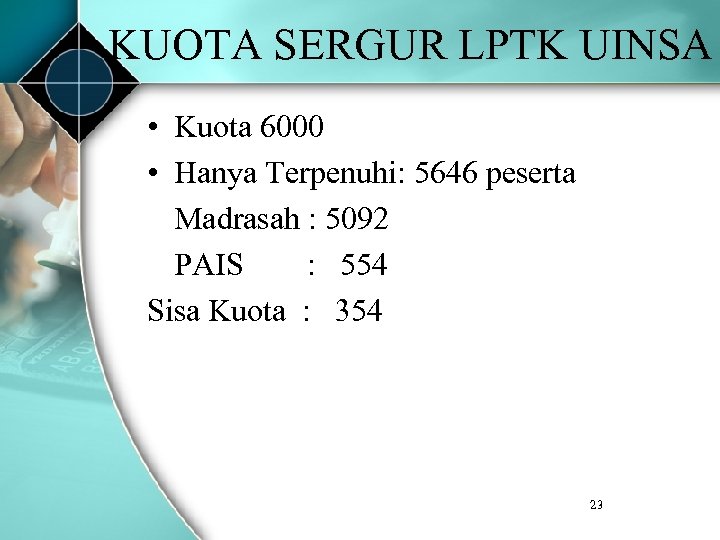 KUOTA SERGUR LPTK UINSA • Kuota 6000 • Hanya Terpenuhi: 5646 peserta Madrasah :