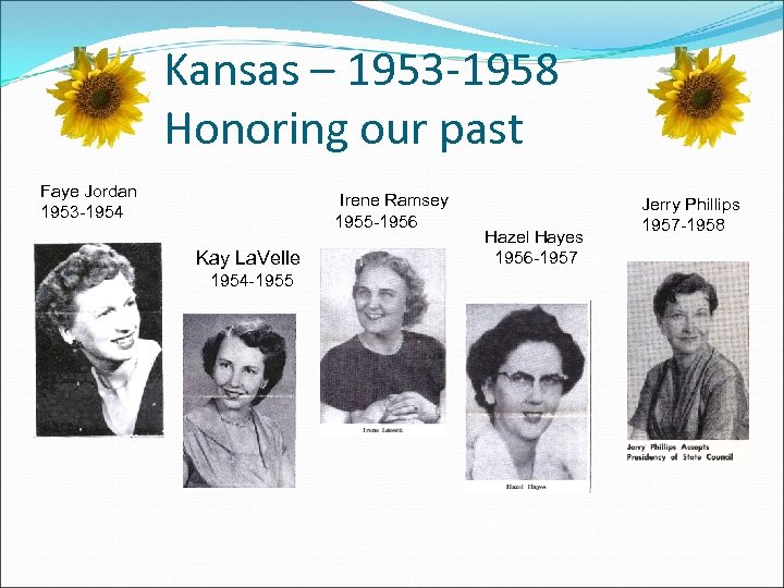Kansas – 1953 -1958 Honoring our past Faye Jordan 1953 -1954 Irene Ramsey 1955