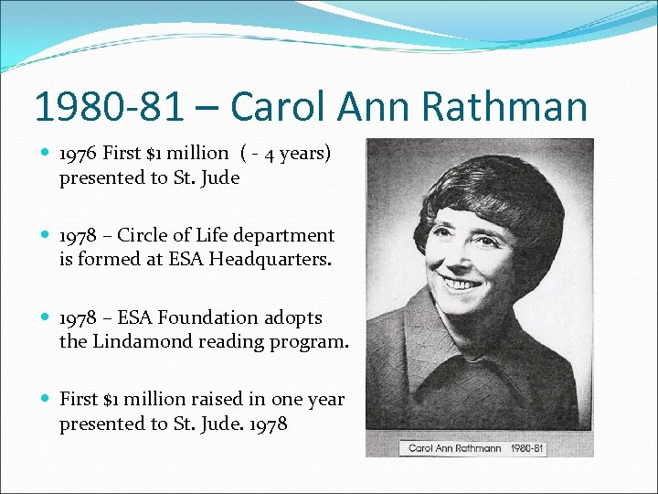 1980 -81 – Carol Ann Rathman 1976 First $1 million ( - 4 years)