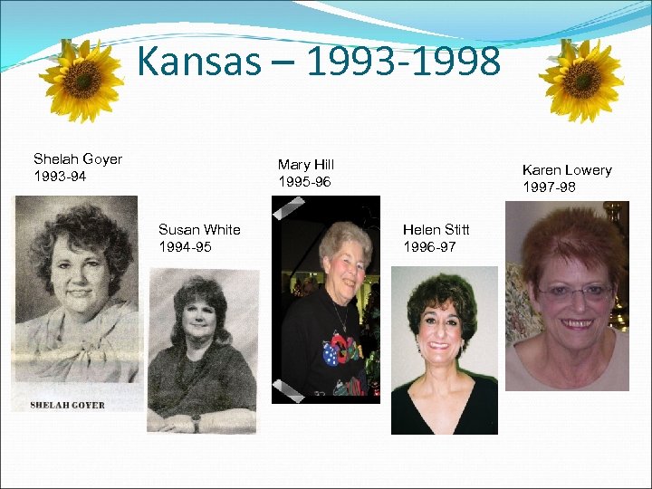Kansas – 1993 -1998 Shelah Goyer 1993 -94 Mary Hill 1995 -96 Susan White