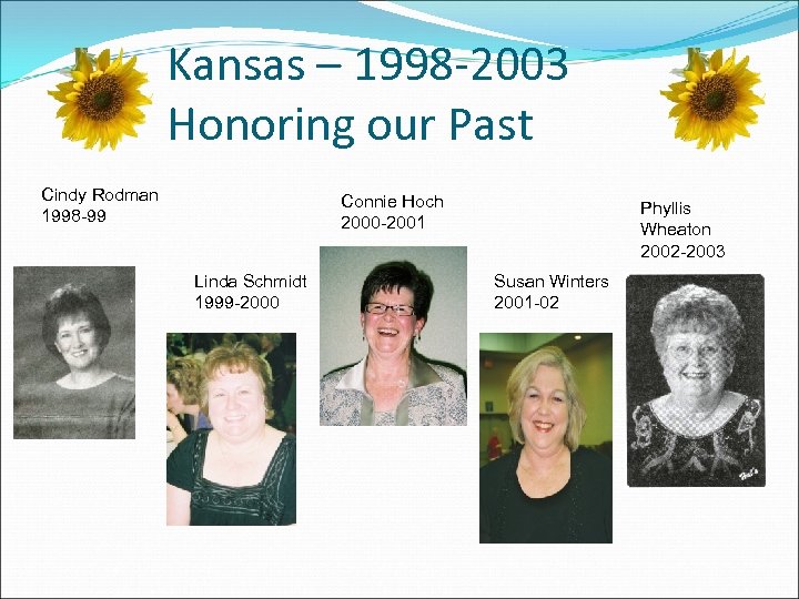 Kansas – 1998 -2003 Honoring our Past Cindy Rodman 1998 -99 Connie Hoch 2000