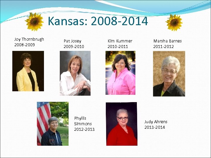 Kansas: 2008 -2014 Joy Thornbrugh 2008 -2009 Pat Josey 2009 -2010 Phyllis Simmons 2012