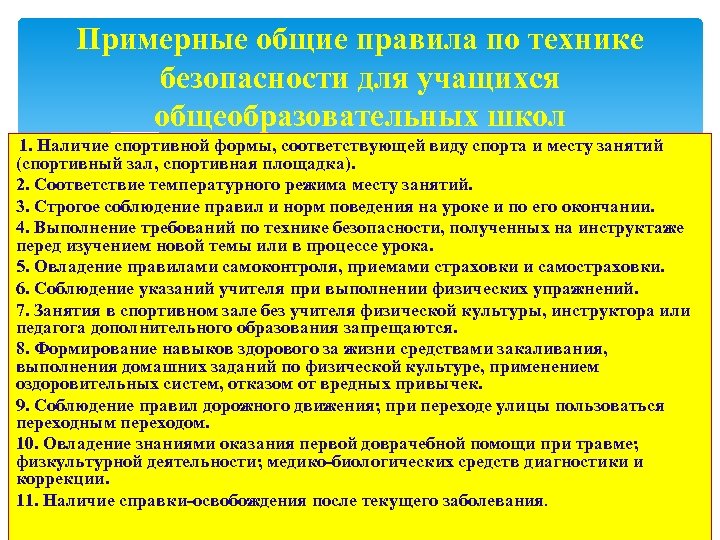 Примерные общие правила по технике безопасности для учащихся общеобразовательных школ 1. Наличие спортивной формы,