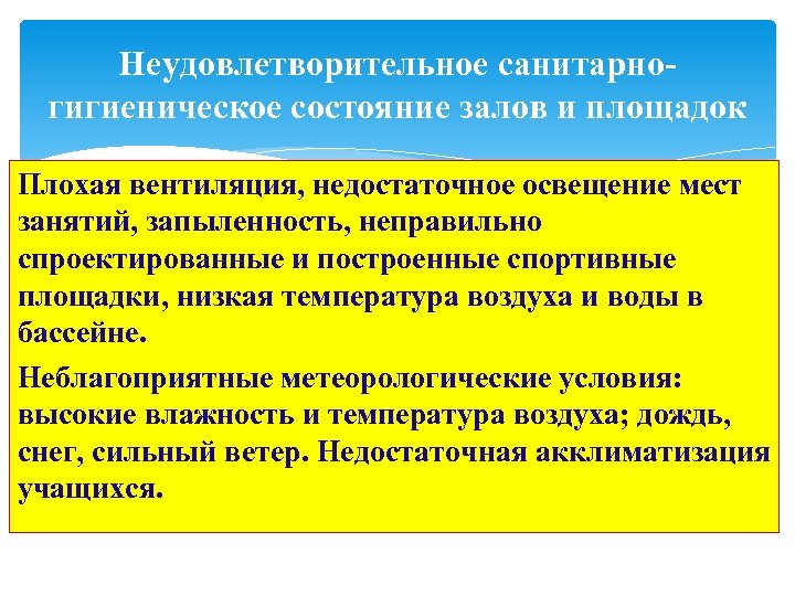 Неудовлетворительное санитарногигиеническое состояние залов и площадок Плохая вентиляция, недостаточное освещение мест занятий, запыленность, неправильно