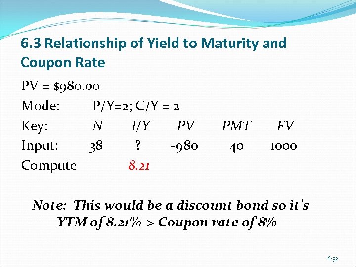 6. 3 Relationship of Yield to Maturity and Coupon Rate PV = $980. 00
