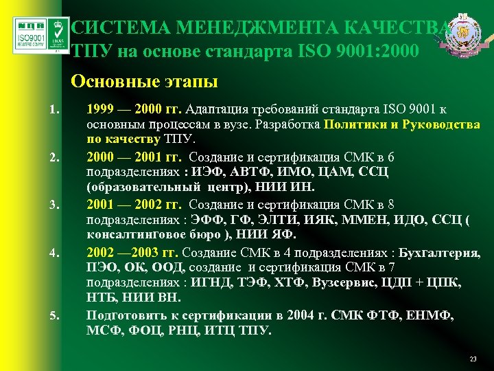СИСТЕМА МЕНЕДЖМЕНТА КАЧЕСТВА ТПУ на основе стандарта ISO 9001: 2000 Основные этапы 1. 2.