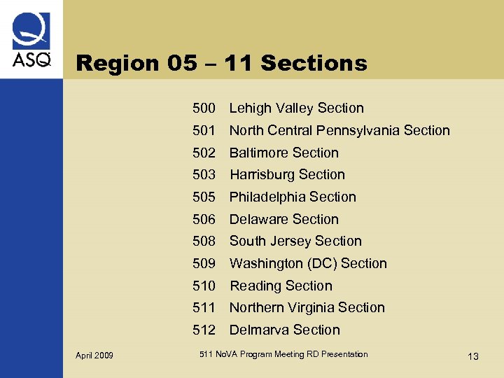 Region 05 – 11 Sections 500 Lehigh Valley Section 501 North Central Pennsylvania Section