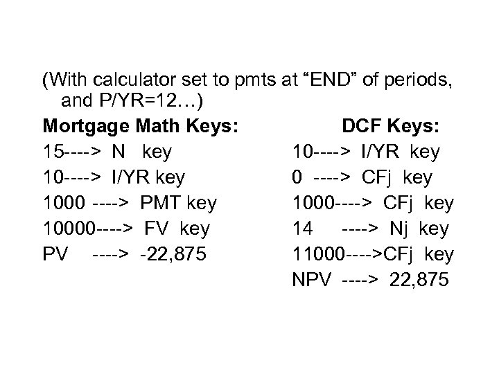 (With calculator set to pmts at “END” of periods, and P/YR=12…) Mortgage Math Keys: