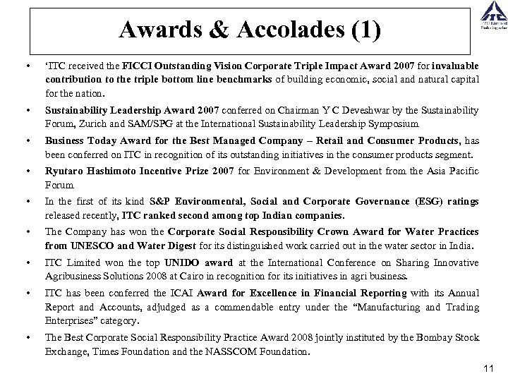 Awards & Accolades (1) • ‘ITC received the FICCI Outstanding Vision Corporate Triple Impact