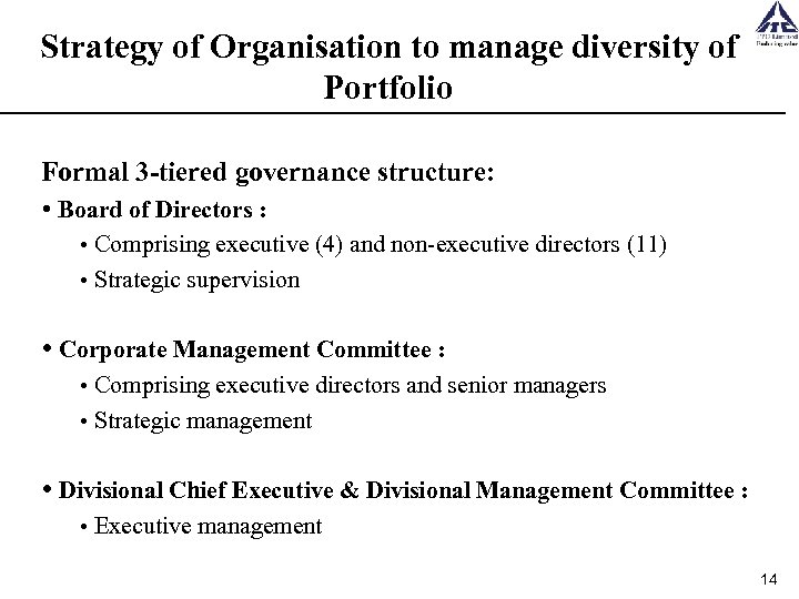 Strategy of Organisation to manage diversity of Portfolio Formal 3 -tiered governance structure: Board