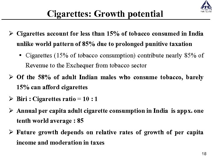 Cigarettes: Growth potential Ø Cigarettes account for less than 15% of tobacco consumed in