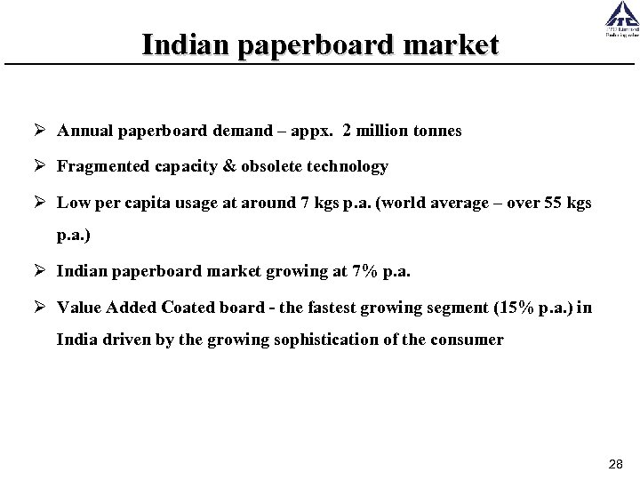 Indian paperboard market Ø Annual paperboard demand – appx. 2 million tonnes Ø Fragmented