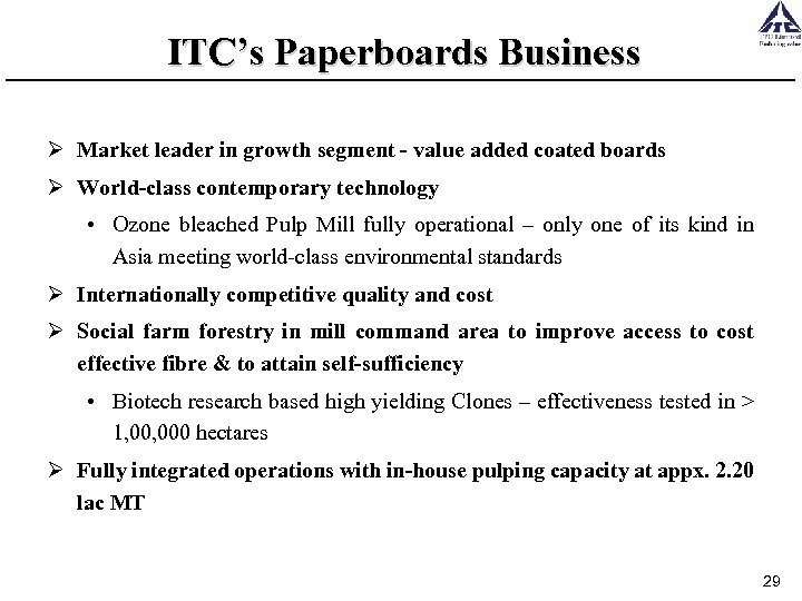 ITC’s Paperboards Business Ø Market leader in growth segment - value added coated boards
