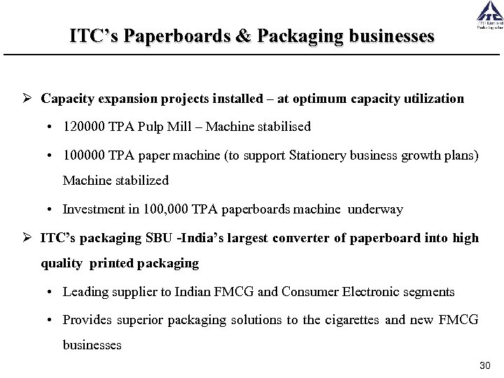 ITC’s Paperboards & Packaging businesses Ø Capacity expansion projects installed – at optimum capacity